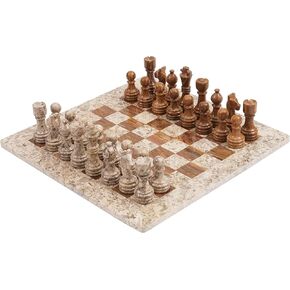 Radicaln Marble Chess Set 15 Inches Fossil Coral and Dark Brown Handmade Board Game Chess Sets for Adults - Travel Chess Game Set for 2 Player - 1 Chess Board & 32 Chess Pieces