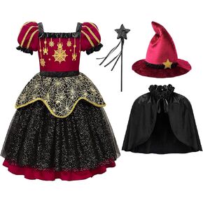 زي ReliBeauty Black Witch للفتيات فستان توتو للهالوين مع قبعة وعباءة وعصا