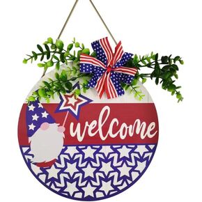 4th of July Door Sign,Welcome Sign Patriotic Wreath for Front Door Decoration Independence Day Door Hanger for Home Front Porch Walls Decor