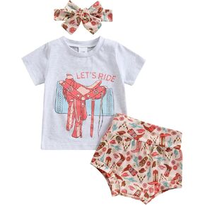 Western Baby Girl Clothes Set Toddler Cow Print Short Sleeve T Shirt Top Shorts with Headband 3Pcs Boho Summer Outfit