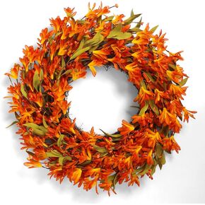 Artificial Fall Wreath 22 Inch Autumn Wreaths for Front Door Orange Forsythia Wreath with Berries Fall Foliage for indoor Outdoor Thanksgiving Day Harvest Festival Home Party Holiday