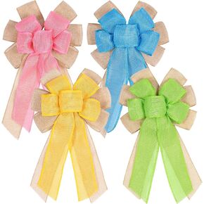 Whaline 4pcs Spring Large Wreath Bow Easter Multilayer Decorative Burlap Bow Blue Green Yellow Pink Tree Bow Colorful Hanging Ornament for Indoor Outdoor Bunting Wreath Party Door Wall Decoration