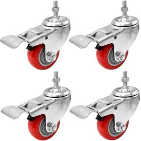 FactorDuty 5 Inch RED Caster Wheel With Brake Dual Locking 3/8"-1.2" Threaded Stem Mount Caster Wheel Polyurethane Wheels Premium Non Marking No Noise 350LB Per Wheel Heavy Duty (Pack of 4)