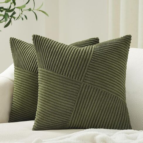Topfinel Olive Green Decorative Throw Pillow Covers Set of 2 18x18 Inches for Couch Bed Sofa, Boho Aesthetic Home Decor, Soft Corduroy Striped Patchwork Windmill Textured Cushion Cases 45x45 cm in Saudi Arabia