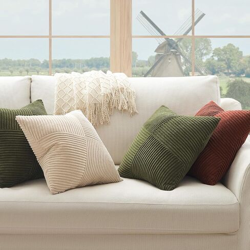 Topfinel Olive Green Decorative Throw Pillow Covers Set of 2 18x18 Inches for Couch Bed Sofa, Boho Aesthetic Home Decor, Soft Corduroy Striped Patchwork Windmill Textured Cushion Cases 45x45 cm in Saudi Arabia