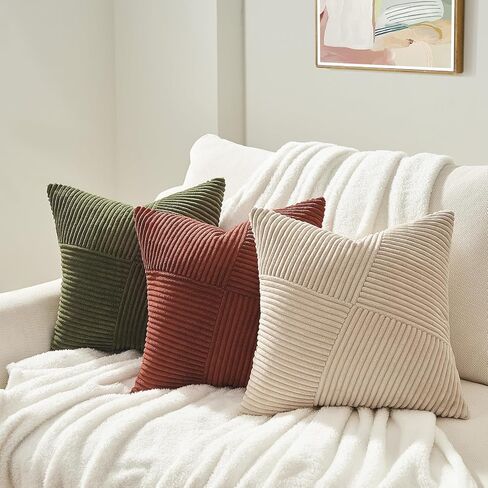 Topfinel Olive Green Decorative Throw Pillow Covers Set of 2 18x18 Inches for Couch Bed Sofa, Boho Aesthetic Home Decor, Soft Corduroy Striped Patchwork Windmill Textured Cushion Cases 45x45 cm in Saudi Arabia