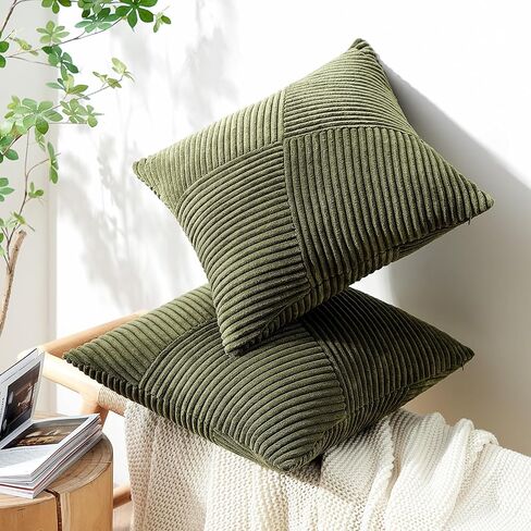Topfinel Olive Green Decorative Throw Pillow Covers Set of 2 18x18 Inches for Couch Bed Sofa, Boho Aesthetic Home Decor, Soft Corduroy Striped Patchwork Windmill Textured Cushion Cases 45x45 cm in Saudi Arabia