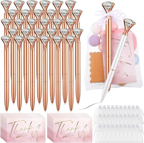 Yeaqee 91 Pcs Bridal Shower Pens Diamond Set 31 Wedding Crystal Pens 30 Organza Bags 30 Cards Bridesmaid Bling Metal Ballpoint Pen for Wedding Bridal Shower(Rose Gold, White,Classic Style) in Saudi Arabia