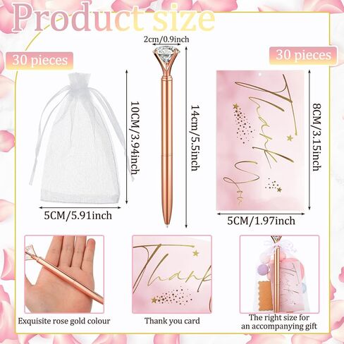 Yeaqee 91 Pcs Bridal Shower Pens Diamond Set 31 Wedding Crystal Pens 30 Organza Bags 30 Cards Bridesmaid Bling Metal Ballpoint Pen for Wedding Bridal Shower(Rose Gold, White,Classic Style) in Saudi Arabia