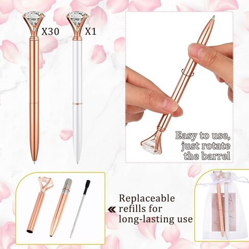 Yeaqee 91 Pcs Bridal Shower Pens Diamond Set 31 Wedding Crystal Pens 30 Organza Bags 30 Cards Bridesmaid Bling Metal Ballpoint Pen for Wedding Bridal Shower(Rose Gold, White,Classic Style) in Saudi Arabia