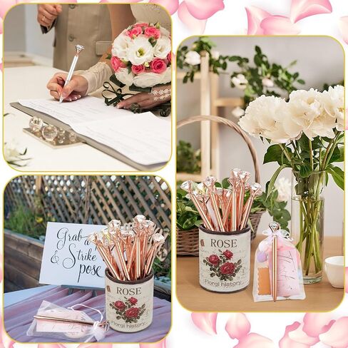 Yeaqee 91 Pcs Bridal Shower Pens Diamond Set 31 Wedding Crystal Pens 30 Organza Bags 30 Cards Bridesmaid Bling Metal Ballpoint Pen for Wedding Bridal Shower(Rose Gold, White,Classic Style) in Saudi Arabia