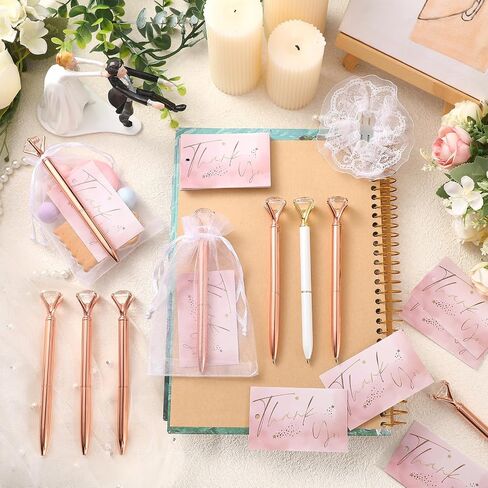 Yeaqee 91 Pcs Bridal Shower Pens Diamond Set 31 Wedding Crystal Pens 30 Organza Bags 30 Cards Bridesmaid Bling Metal Ballpoint Pen for Wedding Bridal Shower(Rose Gold, White,Classic Style) in Saudi Arabia