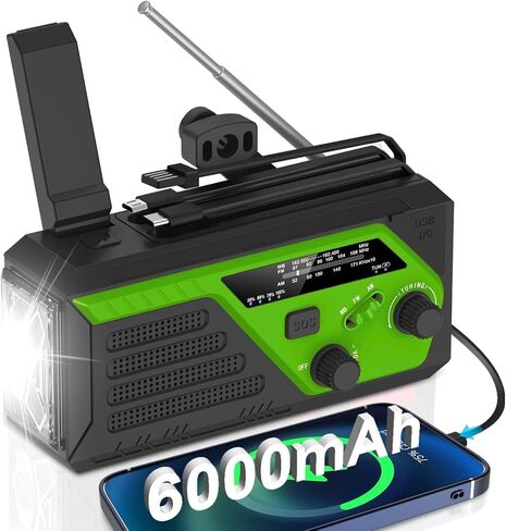 【أحدث 2023】راديو كرنك يدوي للطوارئ بقدرة 6000 مللي أمبير في الساعة، راديو محمول AM FM NOAA للطقس، راديو يعمل بالبطارية مع 4 كابل شحن مدمج، بنك الطاقة، مصباح قراءة مصباح يدوي LED، إنذار SOS للمنزل في حالات الطوارئ in Kuwait