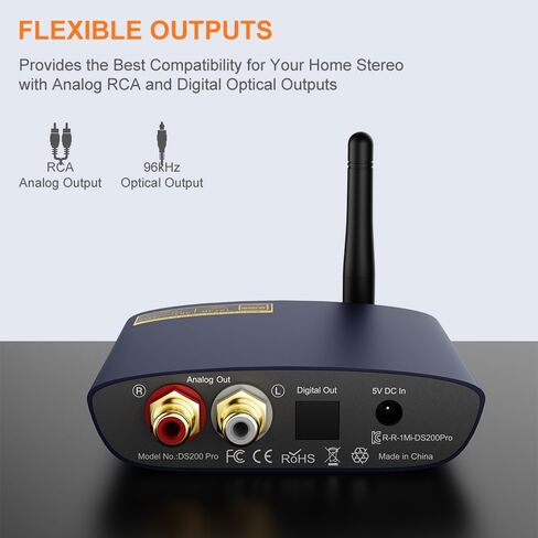1Mii DS200Pro Bluetooth 5.3 Receiver for Home Stereo, HiFi Wireless Audio Adapter with LDAC, Built-in DAC, Long Range, Optical & RCA Outputs in Kuwait