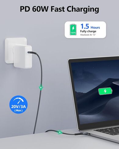 كابل SUNGUY USB C إلى USB C بطول 1 قدم، [عبوة من قطعتين] كابل شاحن 60 وات PD USB 2.0 من النوع C لهواتف iPhone 15/15 Plus/15 Pro/15 Pro Max وGalaxy S23/S22 Ultra/Z Fold/Z Flip وiPad Pro /إير، ماك بوك إير/برو، بلاي ستيشن 5 in Kuwait