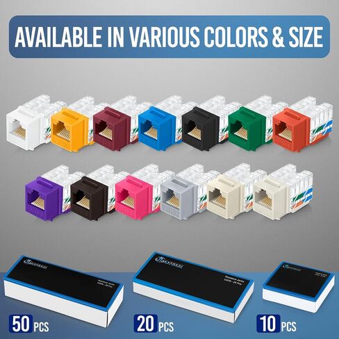 Everest 90 Degree RJ45 Cat6 Keystone Jacks Slim Profile 50-Pack White | Compatible with 90° Angled Speed Termination Tool - easyJACK (B094WB91H3) in Kuwait