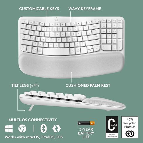 Logitech Wave Keys & Lift Vertical Mouse - Ergonomic Bundle — Wireless Keyboard with Cushioned Palm Rest & Vertical Wireless Mouse - Easy-Switch, Bluetooth, for Multi-OS, Windows/Mac - Rose in Kuwait