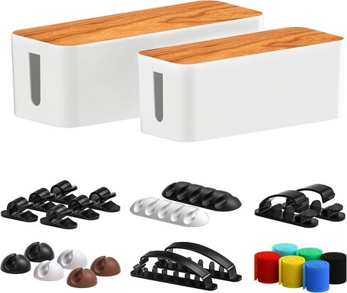 Cable Management Box 3 Pack with 16 Cable Clips Set-Large & Medium & Small Wooden Style Cable Organizer Box to Hide Wires&Power Strips | Cord Organizer Box | Cable Organizer for Home & Office [White] in Kuwait