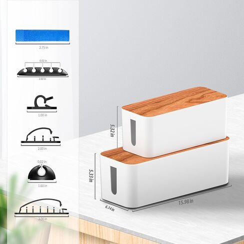 Cable Management Box 3 Pack with 16 Cable Clips Set-Large & Medium & Small Wooden Style Cable Organizer Box to Hide Wires&Power Strips | Cord Organizer Box | Cable Organizer for Home & Office [White] in Kuwait