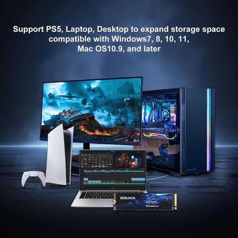 Ediloca EN760 SSD مع مبدد حرارة 2 تيرابايت PCIe Gen4، NVMe M.2 2280، ما يصل إلى 4800 ميجابايت/ثانية، محرك أقراص الحالة الصلبة الداخلي، ذاكرة تخزين مؤقت ديناميكية SLC، متوافق مع PS5 والكمبيوتر الشخصي in Kuwait