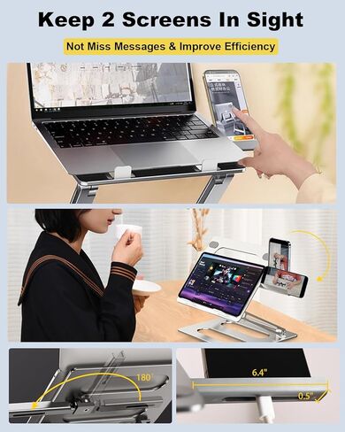 حامل كمبيوتر محمول xuenair مع حامل هاتف، [19 بوصة طويل القامة مريح] ارتفاع قابل للتعديل، حامل كمبيوتر محمول للمكتب مقاس 17 بوصة، حامل كمبيوتر محمول من الألومنيوم قابل للطي لجهاز MacBook Chromebook-أسود in Kuwait