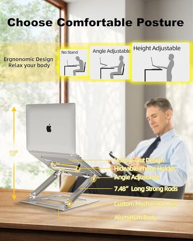 حامل كمبيوتر محمول xuenair مع حامل هاتف، [19 بوصة طويل القامة مريح] ارتفاع قابل للتعديل، حامل كمبيوتر محمول للمكتب مقاس 17 بوصة، حامل كمبيوتر محمول من الألومنيوم قابل للطي لجهاز MacBook Chromebook-أسود in Kuwait