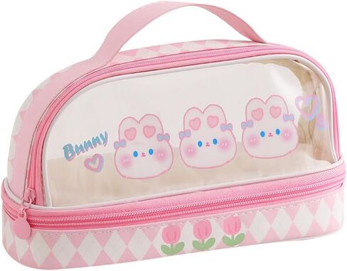 Large Kawaii Pencil Pouch with Strap Double Layer Pencil Pouch Clear Waterproof Cute Preppy Pencil Case Pen Bags Holder Storage and Organizer (Pink Bunnys) in Saudi Arabia