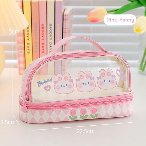 Large Kawaii Pencil Pouch with Strap Double Layer Pencil Pouch Clear Waterproof Cute Preppy Pencil Case Pen Bags Holder Storage and Organizer (Pink Bunnys) in Saudi Arabia