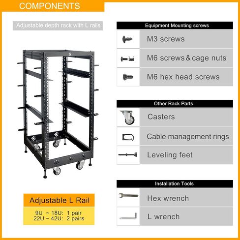 RIVECO 42U 19" Adjustable Depth Server Rack Support Up to 1700LBS Floor Standing 4 Post Rack with L Rails & Load-Bearing Casters Universal for Network Equipment Black in Kuwait