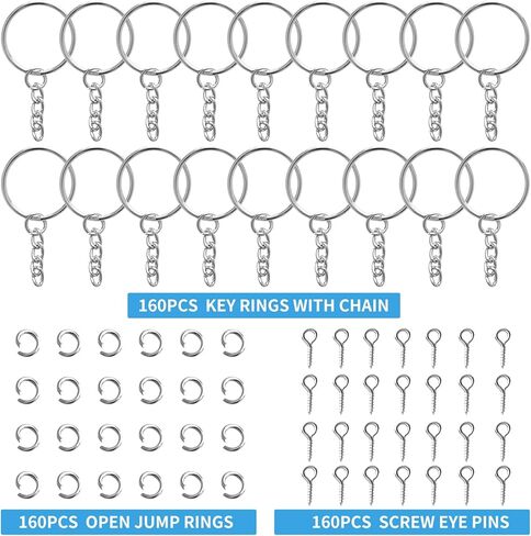طقم حلقات سلسلة مفاتيح فضية من BRT Bearingshui 480 قطعة، مجموعة سلسلة مفاتيح 1 بوصة/25 مم، 160 قطعة حلقات سلسلة مفاتيح مع سلسلة و160 قطعة حلقة قفز مفتوحة مع 160 قطعة دبابيس عين لولبية للحرف اليدوية وصناعة المجوهرات in Kuwait
