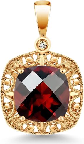Gem Stone King 10K Yellow Gold Red Garnet and Diamond Accent Pendant Necklace For Women | 2.40 Cttw | Gemstone Birthstone | Cushion Checkerboard Cut 8MM in Saudi Arabia