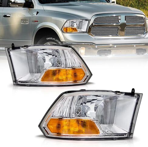 AS Headlight Assembly Compatible with 2009-2014 Dodge Ram 1500 Chrome Housing Amber Reflector Driver and Passenger Side in Saudi Arabia