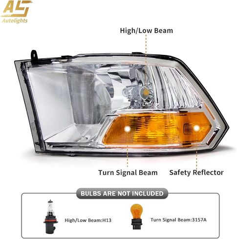 AS Headlight Assembly Compatible with 2009-2014 Dodge Ram 1500 Chrome Housing Amber Reflector Driver and Passenger Side in Saudi Arabia