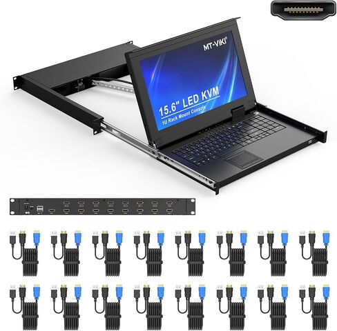 MT-VIKI Rack Mount KVM w/15.6" LCD Monitor, 8 Port VGA KVM Switch, 1080@60Hz 1U Integrated Monitor Keyboard, Fits 18.9" to 31.5" Deep Racks (480-800mm), Included 8 Cables for Server Room, Data Center in Kuwait
