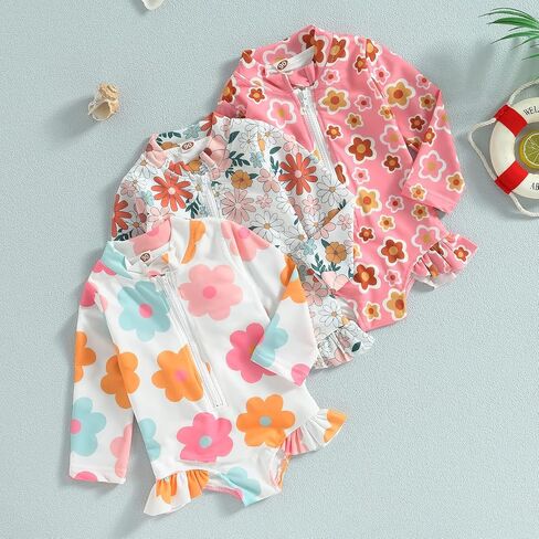 Baby Girl Swimsuit Zip Rash Guard Ruffled Long Sleeve One Piece Swimwear Toddler Bathing Suit Rashguard Beach Wear in Kuwait