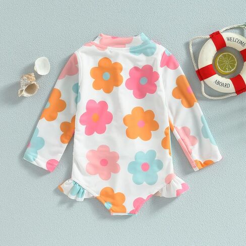 Baby Girl Swimsuit Zip Rash Guard Ruffled Long Sleeve One Piece Swimwear Toddler Bathing Suit Rashguard Beach Wear in Kuwait