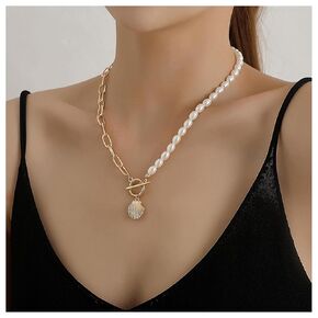 Vintage Scallop Pendant Necklace Chain Asymmetrical Pearl Choker Necklace Shell Choker Necklace Paper Clip Link Necklace Gold Toggle Clasp Necklace Choker Jewelry for Women and Girls