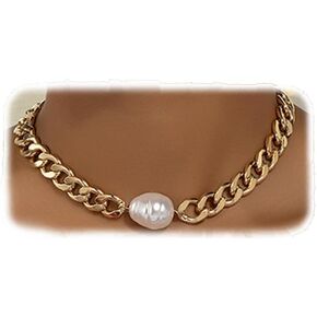 YERTTER Punk Gold Chunky Chain Baroque Pearl Pendant Collar Gold Plated Choker Necklace for Women (Style 2)
