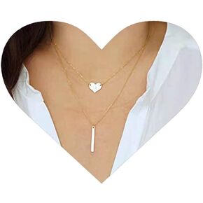 Vintage Layered Heart Choker Necklace Long Bar Pendant Necklace Love Heart Necklace Gold Vertical Bar Necklace Jewelry for Women