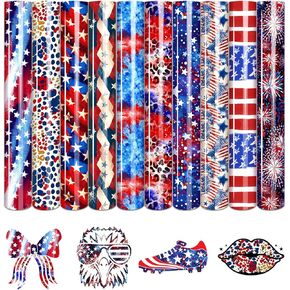 Tintnut 4th of July American Flag HTV Vinyl - 10 pcs 12inches x10 inches US Flag Patterned HTV Patriotic HTV Heat Transfer Vinyl Red White Blue HTV Iron on Vinyl Compatible with Cricut/Cameo