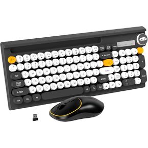 Typewriter Style Wireless Keyboard and Mouse Combo, Wireless Keyboard Mute Keyboard 2.4G with Cute Retro Round Keycap Ergonomic Design and Waterproof Keyboard Mouse Combo, White & Blue