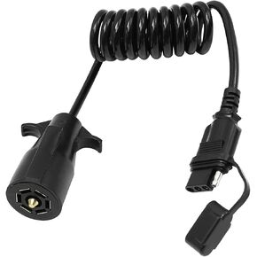 5ft 7 Way Round to 4 Way Pin Flat Trailer Connector Adapter Coiled Wiring Cable, Trailer Wiring Adapter Extension Harness for Truck RV Trailer