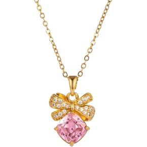 18K Gold Plating Bowknot Zircon Love Necklace 2023 New Versatile Necklace For Women Girls, Pink