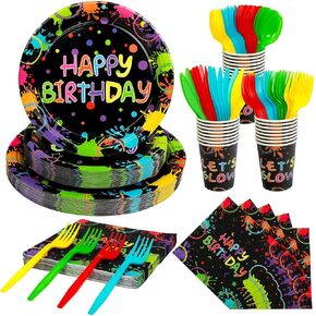 168 Pcs Serves 24 Guests Neon Happy Birthday Party Plates and Napkins Let's Glow Birthday Tableware Set Glow Neon Birthday Party Decorations Cups Knives Forks Spoons for Neon Birthday Party Supplies