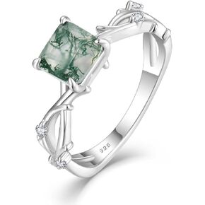 STARCHENIE Moss Agate Engagement Ring 925 Sterling Silver Twisted Infinity Ring Princess-Cut Wedding Ring for Women Size 5-10