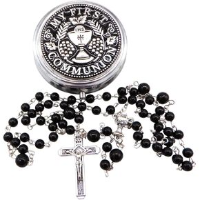 Westmon Works Boy's First Communion Black Rosary Set in a Protective Metal Case