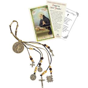 St Benedict Catholic House Blessing - with Saint Benedict of Nursia Card, Lord's Prayer | Holy Patron Saint of Europe San Benito Bronze Home Door Hanger, Cards | Kit of 3 Items