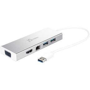 j5create USB 3.0 Hub مع HDMI وVGA وRJ45 Gigabit Ethernet ومنفذين USB 3.1 من النوع A - محول نقل بيانات عالي السرعة لأجهزة Mac وWindows وأجهزة الكمبيوتر المكتبية - يدعم دقة تصل إلى 2K (JUD380)
