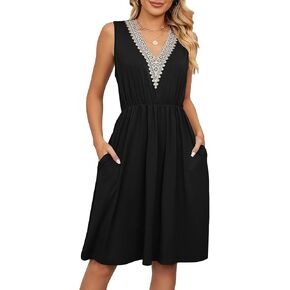 Summer Women Dress Solid V Neck Lace Panel Sleeveless with Pocket A-line Waist Dress