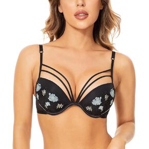 Deyllo Super Push Up Bra Underwire Lace Padded Bra Embroidered Strappy Add Two Cups
